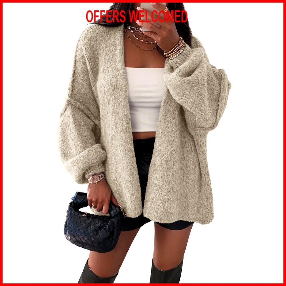 Oversized Cardigan Sweater with Lantern Sleeves, Open Front, Lightweight Knit